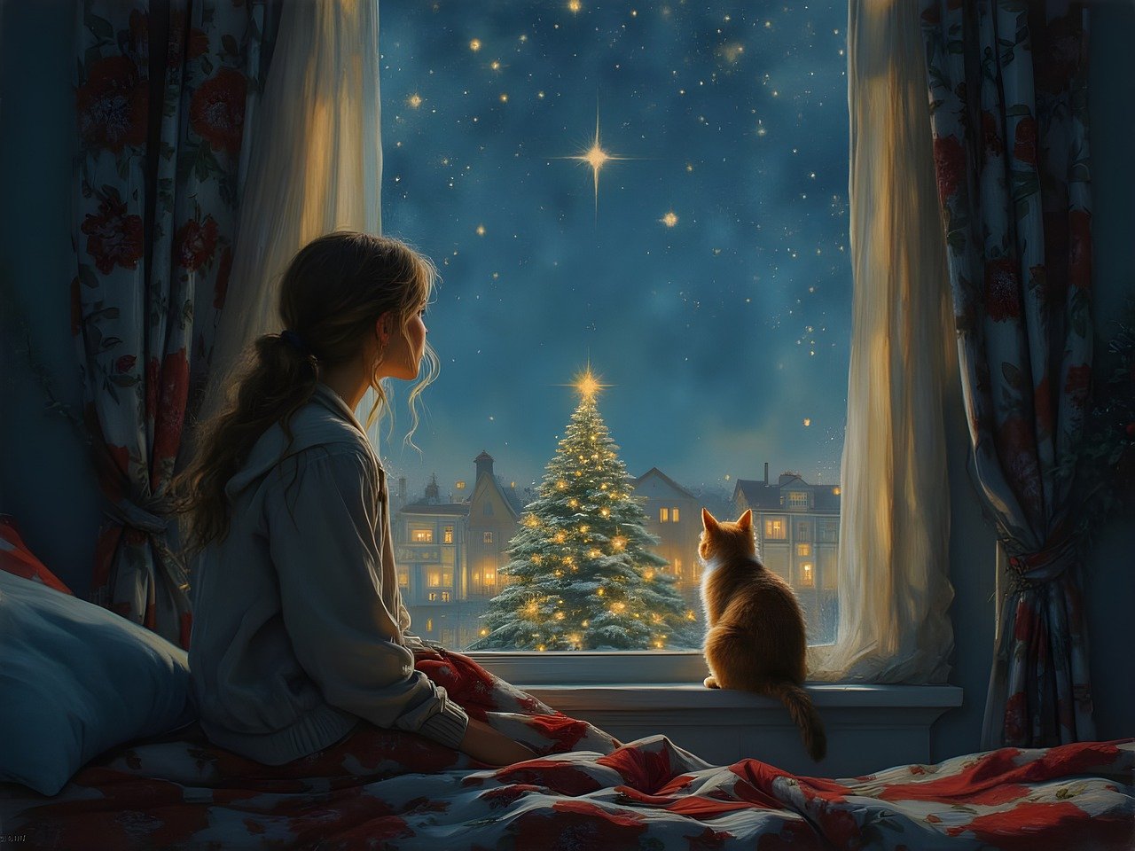 christmas, girl, cat, window, christmas tree, magic, bed, bedroom, stars, atmosphere, ai generated