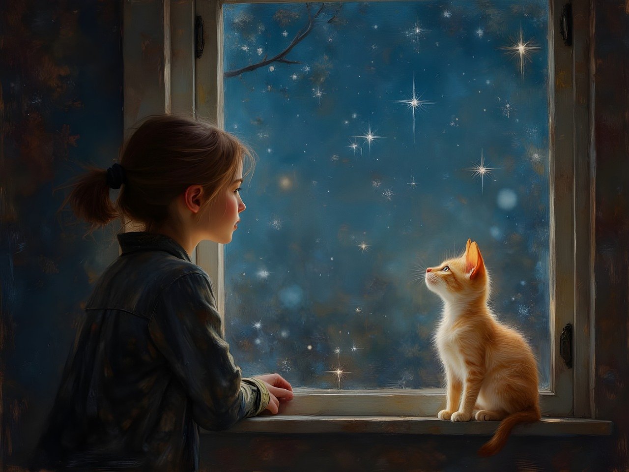 christmas time, stars, twinkle, girl, cat, to admire, winter, to look, window, ai generated
