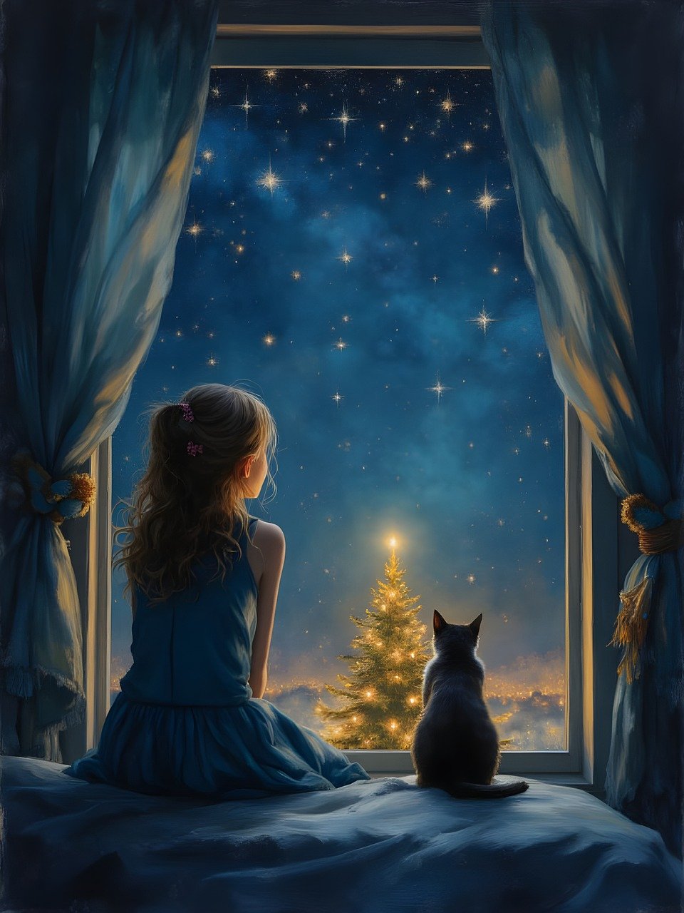 girl, cat, christmas, christmas tree, magic, stars, christmas lights, twinkle, atmosphere, window, bed, ai generated