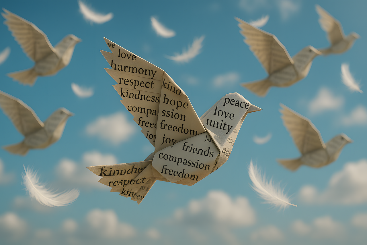 peace, bird, sunset, liberty, peaceful, flying, at, faith, symbol, paper, origami, nature, folds, pens, love, generated by ai