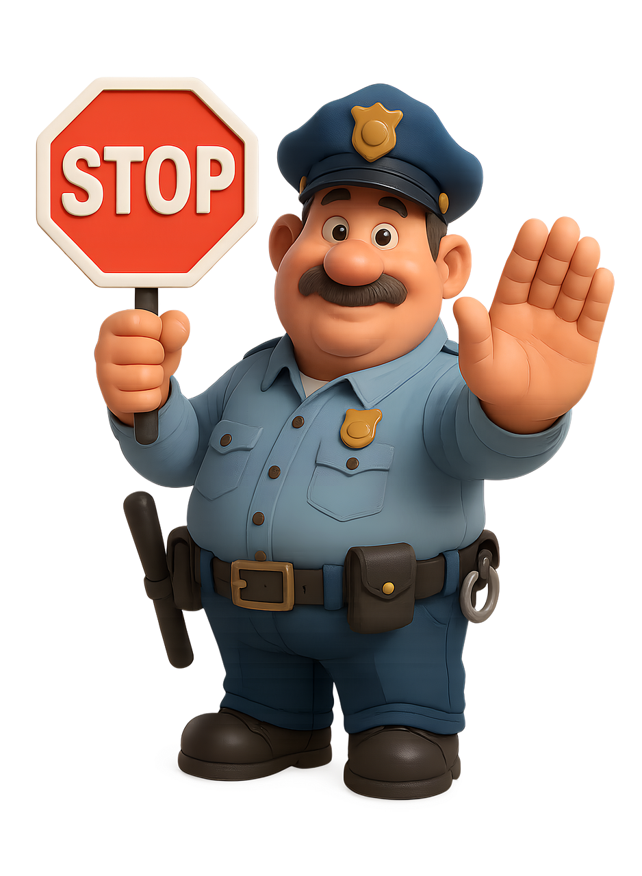 cartoon police officer, stop sign, police uniform, traffic control, safety, authority, animated character, friendly officer, law enforcement, cartoon illustration, public safety, police badge, ai generated