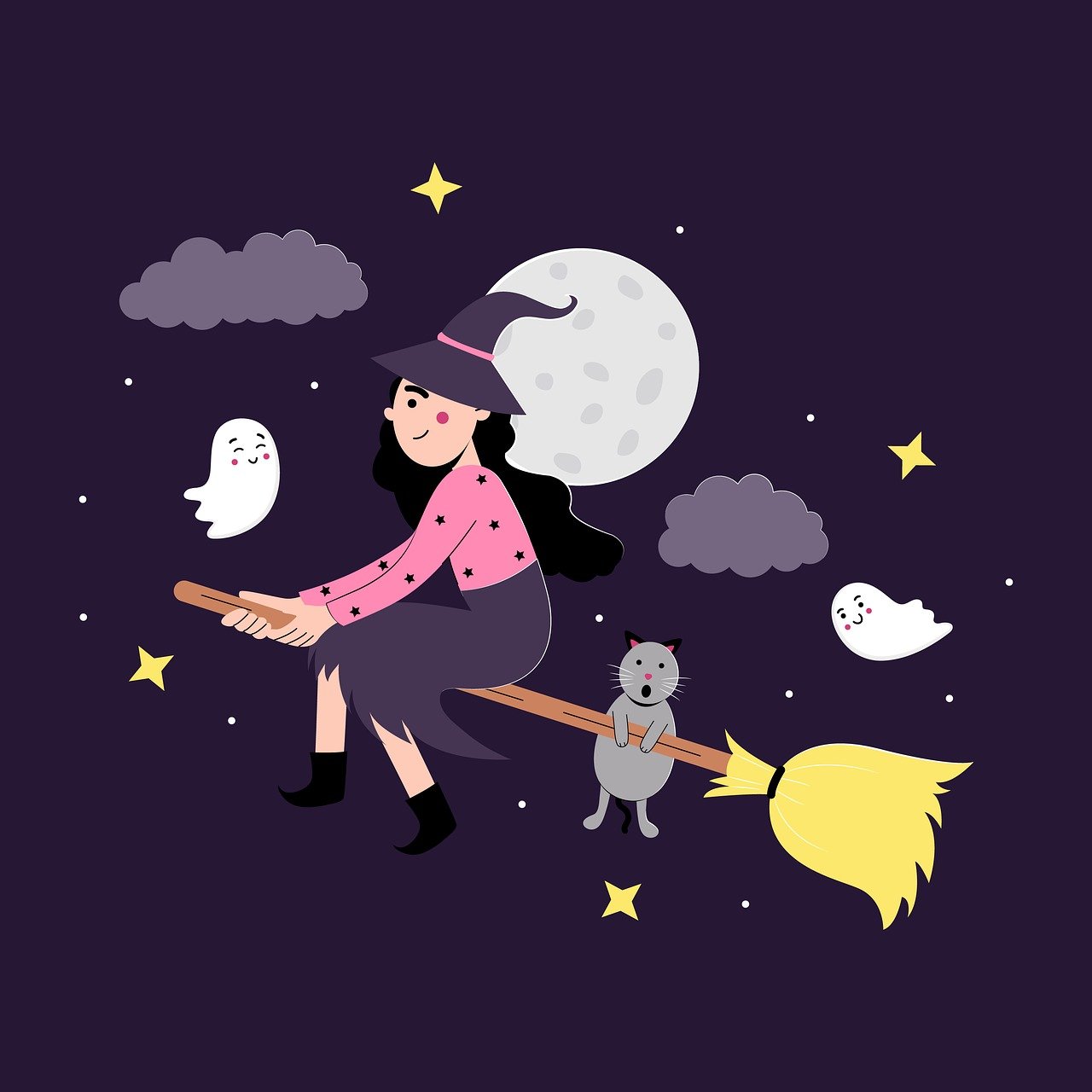 halloween, vrăjitoare, fantomă, drăguţ, pisică, luna, mătură, zbor, violet, infricosator, groază, animal, drăguță vrăjitoare, animal de companie, drăguţ pisică, fantomă drăguță, cer de noapte