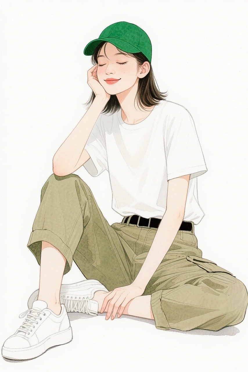 boční profil, módní ilustrace, minimalistické ilustrace, akvarel styl, blondýnka bob, krátké vlasy, kšiltovka, šedá čepice, džínová bunda, bílé šaty, výšivka sedmikrásek, květinovým motivem, jarní móda, elegantní žena, čisté pozadí, bílé pozadí, současný styl, ženský styl, ležérní šik, portrétní ilustrace, redakční styl, estetické umění, ai generované