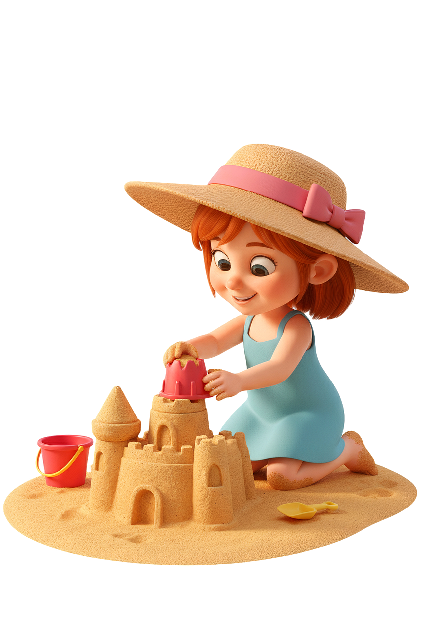 beach fun, building sandcastle, summer holidays, cartoon girl, sun hat, beachwear, sandy beach, colorful bucket, sea side, playful, animated illustration, summer activities, children's fun, beach toys, ai generated
