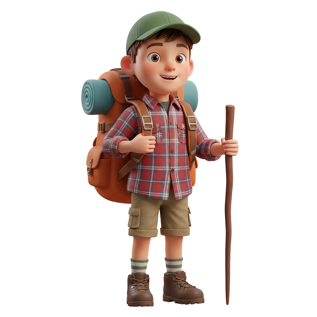 hiker, backpack, hiking stick, outdoor adventure, cartoon characters, explorer, hiking gear, nature lover, green cap, plaid shirt, shorts, hiking boots, adventure, travel, animated illustration, ai generated