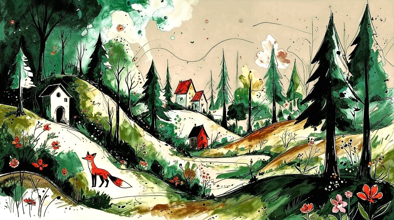 forest, cabins, fox, nature, landscape, whimsical, artistic, watercolor, painterly, dreamy, green, serene, woods, fantasy, rural, peaceful, quaint, folk, storybook, ai generated