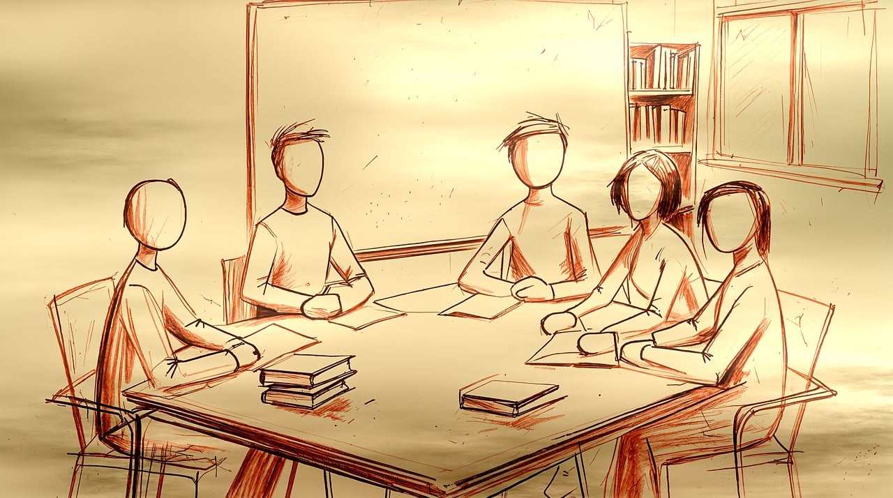 meeting, teamwork, discussion, collaboration, sketch, drawing, conference, brainstorming, group, people, office, table, communication, corporate, professional, business, ideas, planning, abstract, figures, ai generated