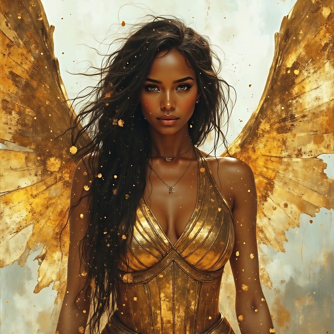 woman, portrait, female, african, angel, wings, fairy, fantasy, goddess, mythology, warrior, armor, ai generated