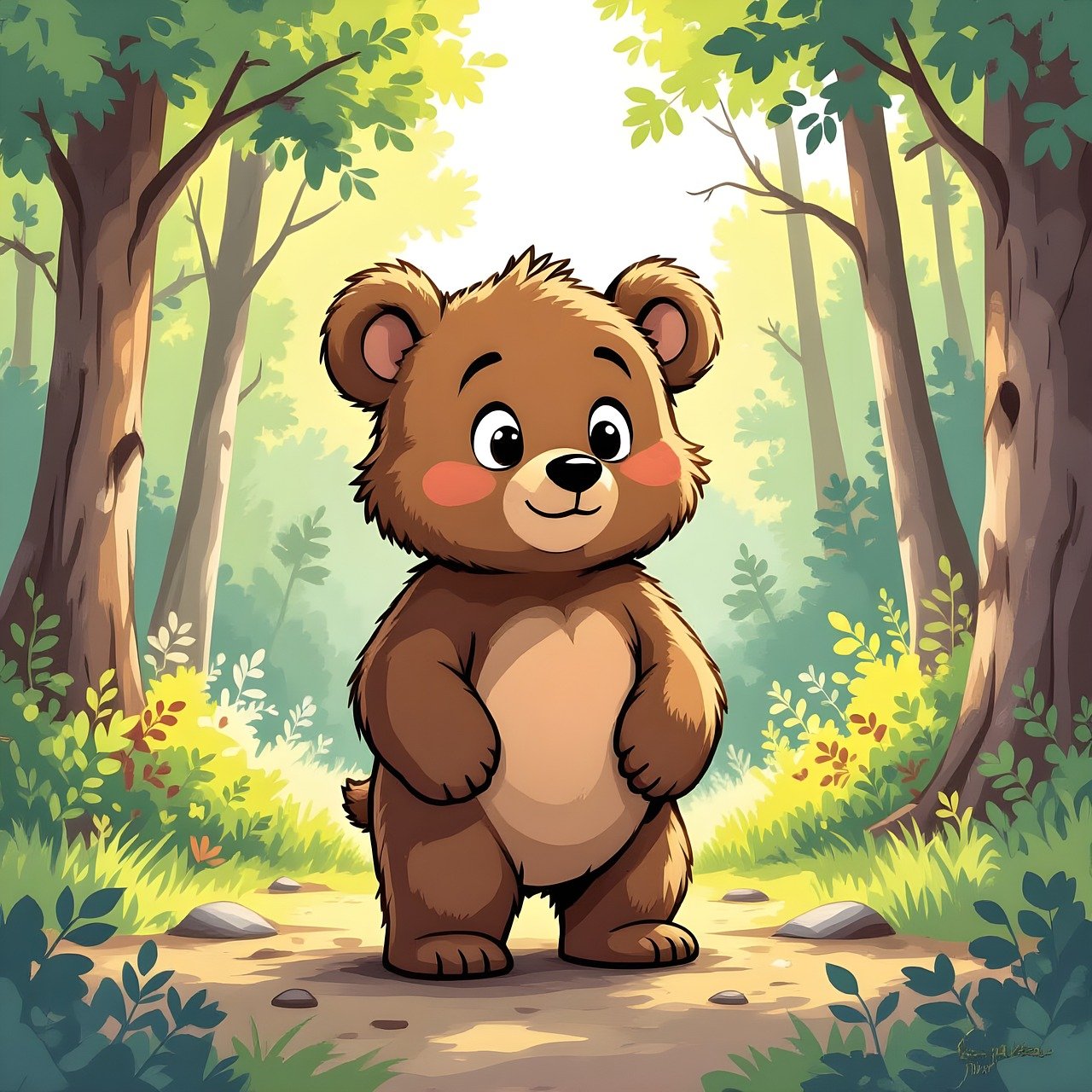 bear, nature, animal, mammal, wildlife, predator, forest, path, cub, young, wild, cute, wilderness, cartoon, trees, leaves, sunbeams, sweet, funny, baby, educational, ai generated