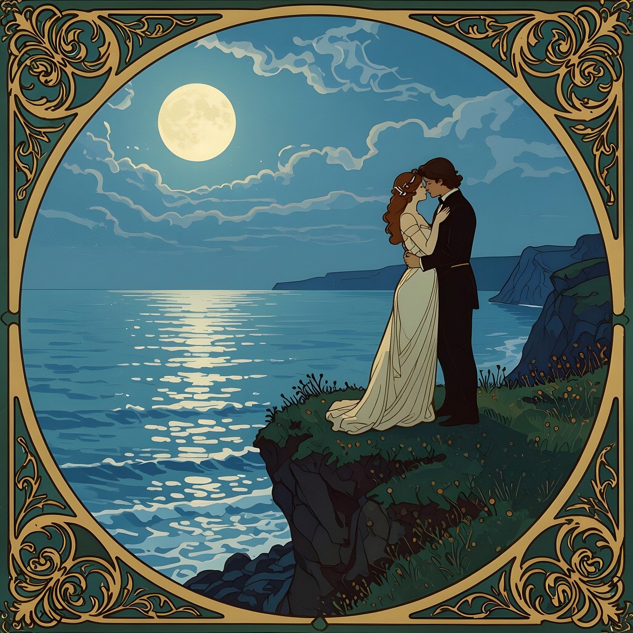 couple, love, lovers, woman, man, portrait, nature, groom, affection, romantic, people, kiss, outdoors, cliff, ocean, sea, moon, seashore, vintage, retro, classic, fashion, old, victorian, ai generated