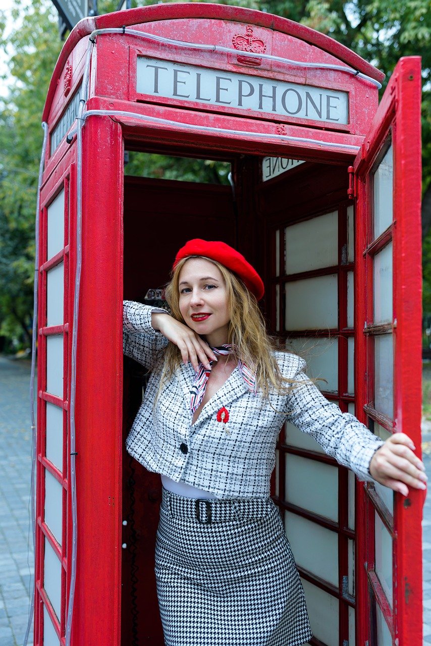 woman, phone station, london, red, red telephone booth, english telephone booth, england, portrait, model, posing, femininity, beautiful, young woman, retro telephone, street phone, call, old phone