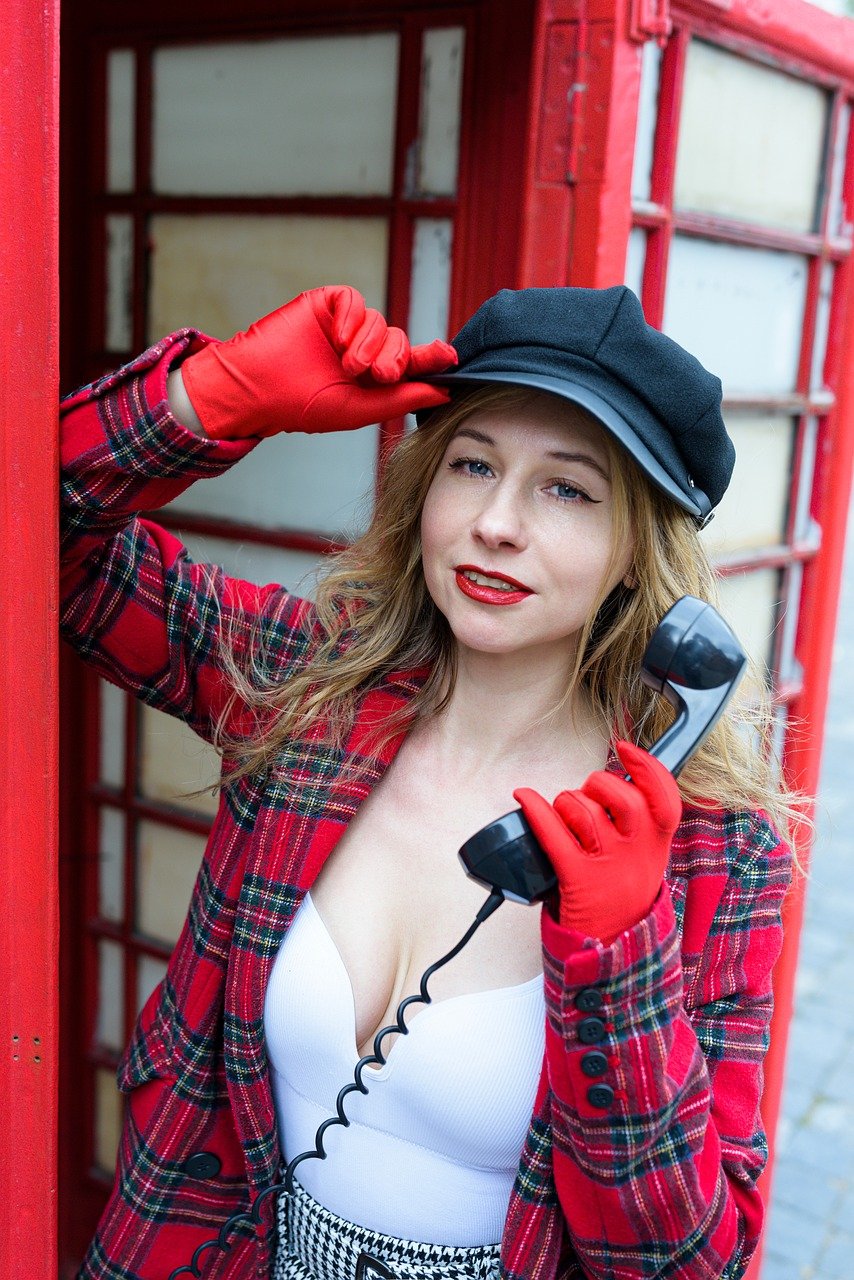 woman, phone station, london, red, red telephone booth, english telephone booth, england, portrait, model, posing, femininity, beautiful, young woman, retro telephone, street phone, call, old phone, loft