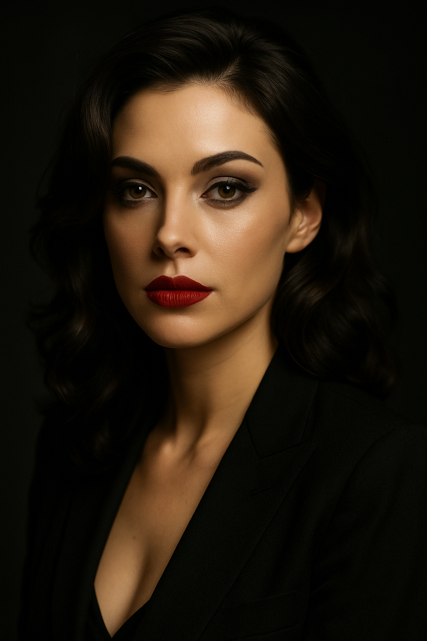 portrait, woman, elegant, fashion, beauty, makeup, red lips, dark background, glamour, model, studio lighting, stylish, sophisticated, classic portrait, confident, professional, cinematic, brunette, black outfit, female model, artistic portrait, ai generated