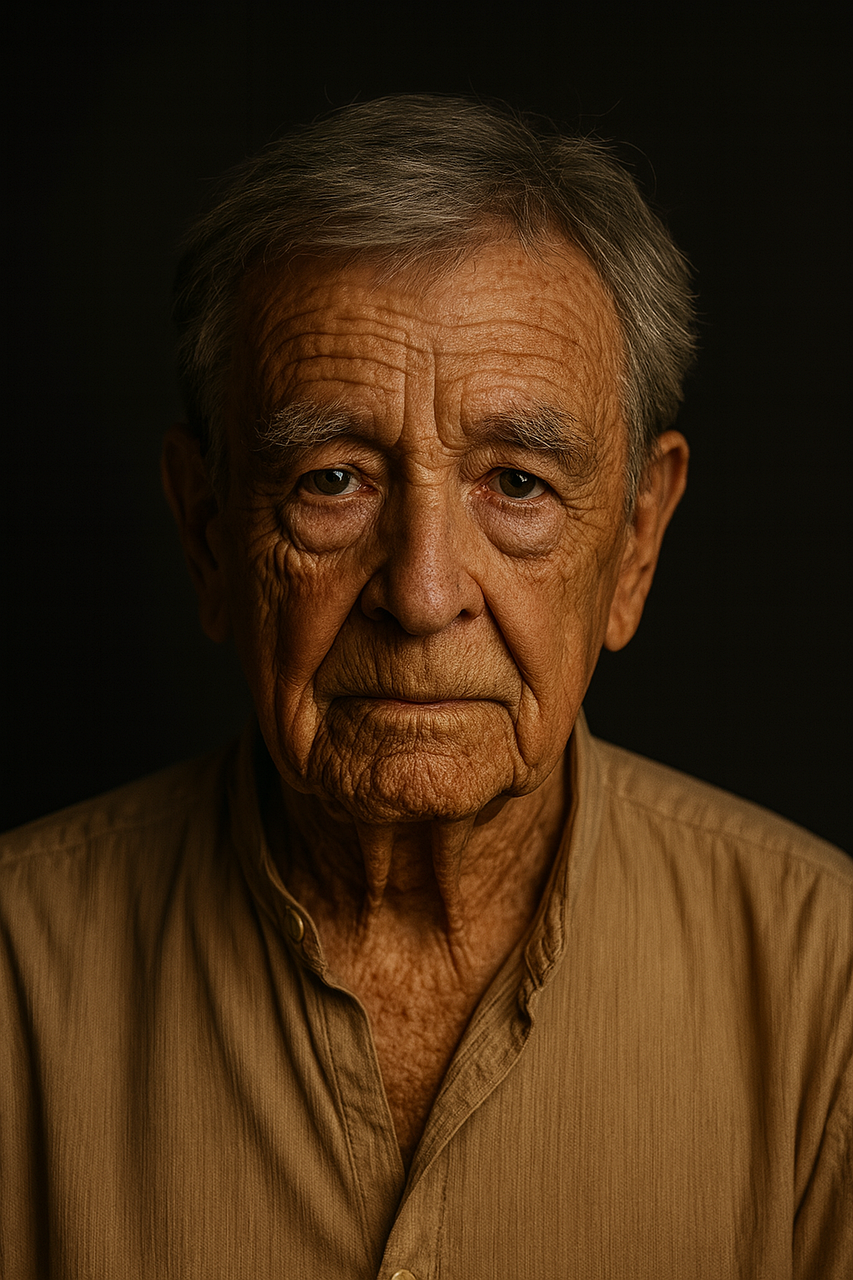 oudere man, oude man, senior portret, 90 jaar oud, verouderd gezicht, realistische foto, wit overhemd, wijze blik, rimpels, close-up portret, serieuze uitdrukking, filmische verlichting, studiofotografie, realistische ouderen, menselijk gezicht, leeftijd persoon, senior citizen, klassiek portret, ai gegenereerd