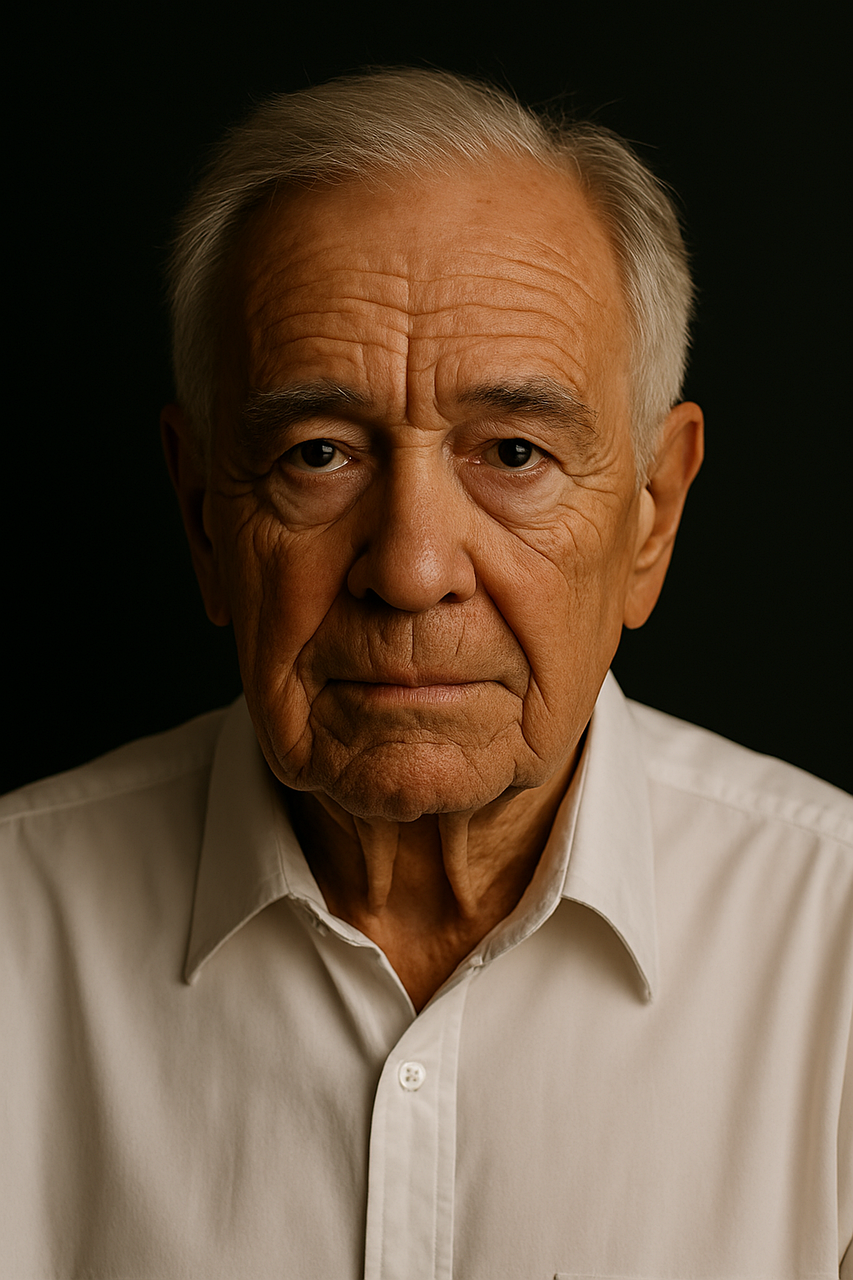 älterer herr, alter mann, seniorenporträt, 90 jahre alt, gealtertes gesicht, realistisches foto, weißes hemd, weiser blick, falten, nahaufnahmeporträt, ernster ausdruck, filmische beleuchtung, studiofotografie, realistische ältere menschen, menschliches gesicht, im alter von person, senioren, klassisches porträt, ai generiert