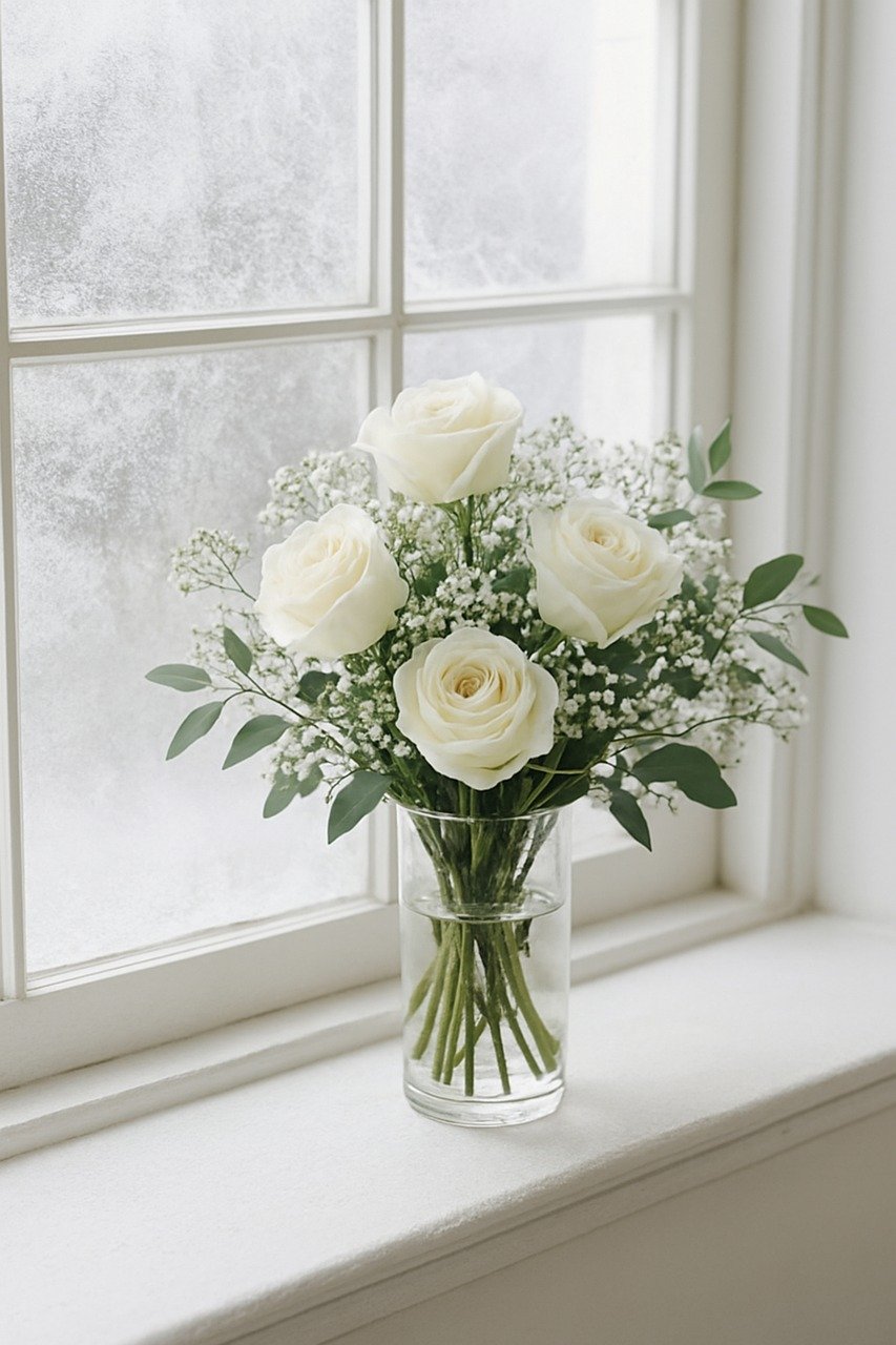 frosted roses, winter windowsill, frosty roses, frozen petals, morning frost, snow-dusted, rose bouquet, still life, cold season, cozy interior, vintage vase, macro flower, floral close-up, wintry light, muted palette, holiday floral, indoor decor, seasonal flowers, nature in winter, delicate petals, icy texture, soft focus, natural light, christmas decor, stock photo