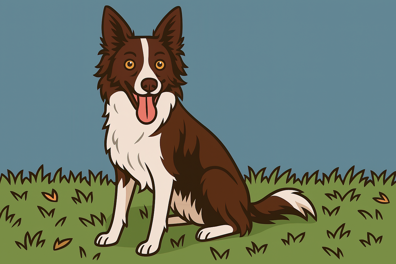border collie, dog, animal, pet, nature, canine, collie, mammal, outdoors, cute, puppy, grass, happy, chocolate and white color, wallpaper, cartoon, ai generated