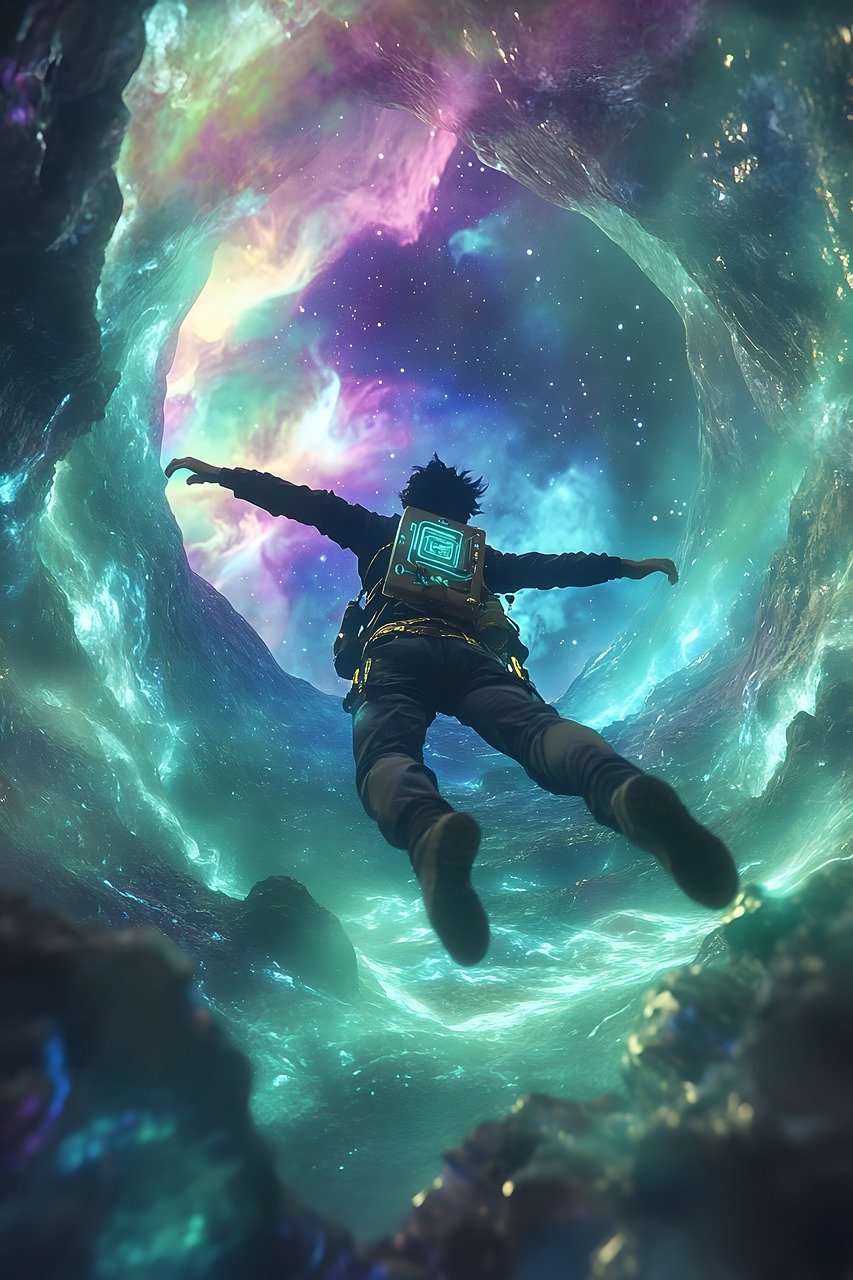 men, drop, flight, harness, retrofuturistic, darling, star, dawn, crater, alien, crystals, bioluminescent, landscape, cosmic, epic, generated by ai