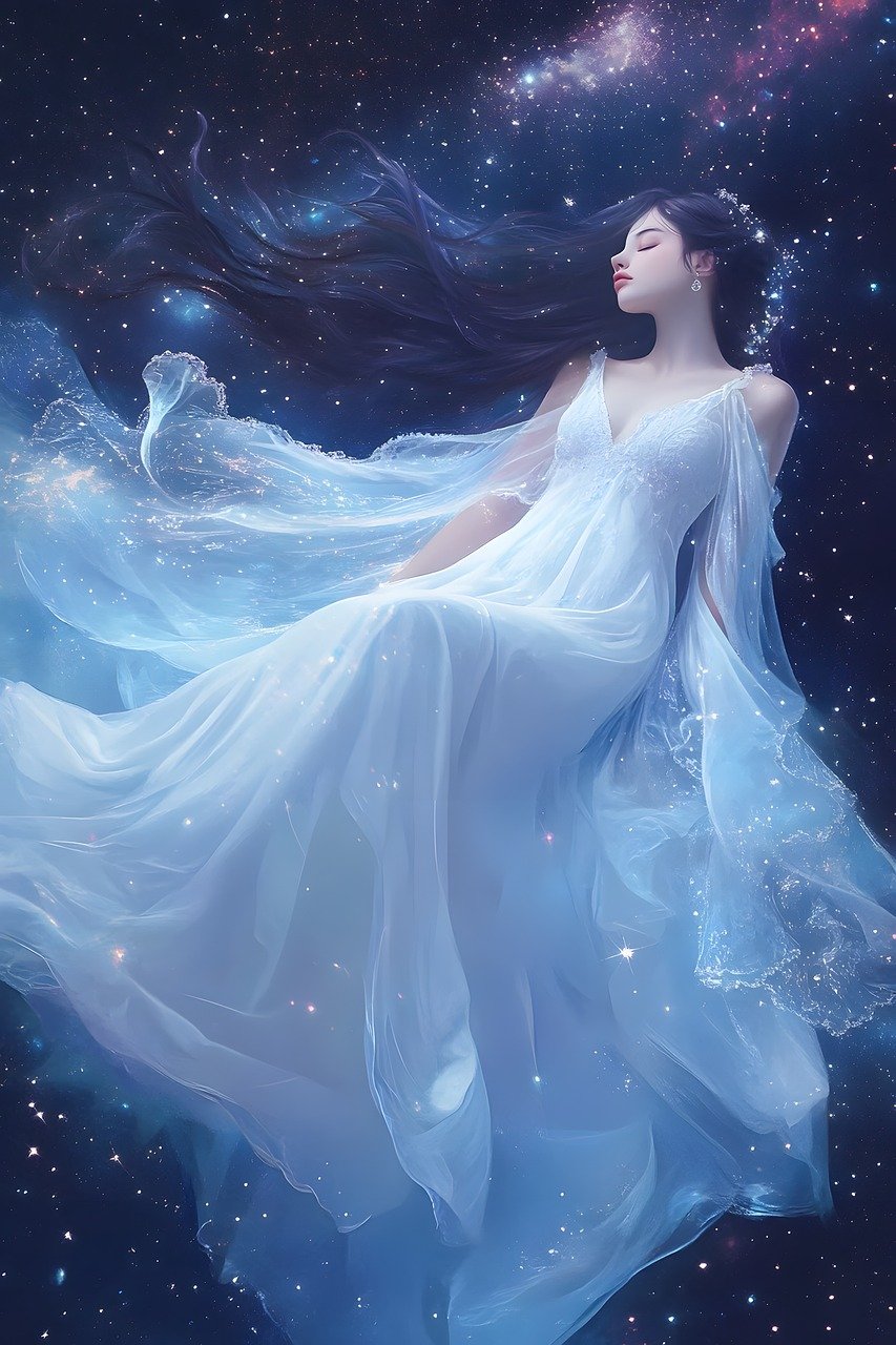 woman, young, floating, dress, white, hair, length, spatial, star, cosmic, ethereal, serene, nebula, stellar, majestic, generated by ai