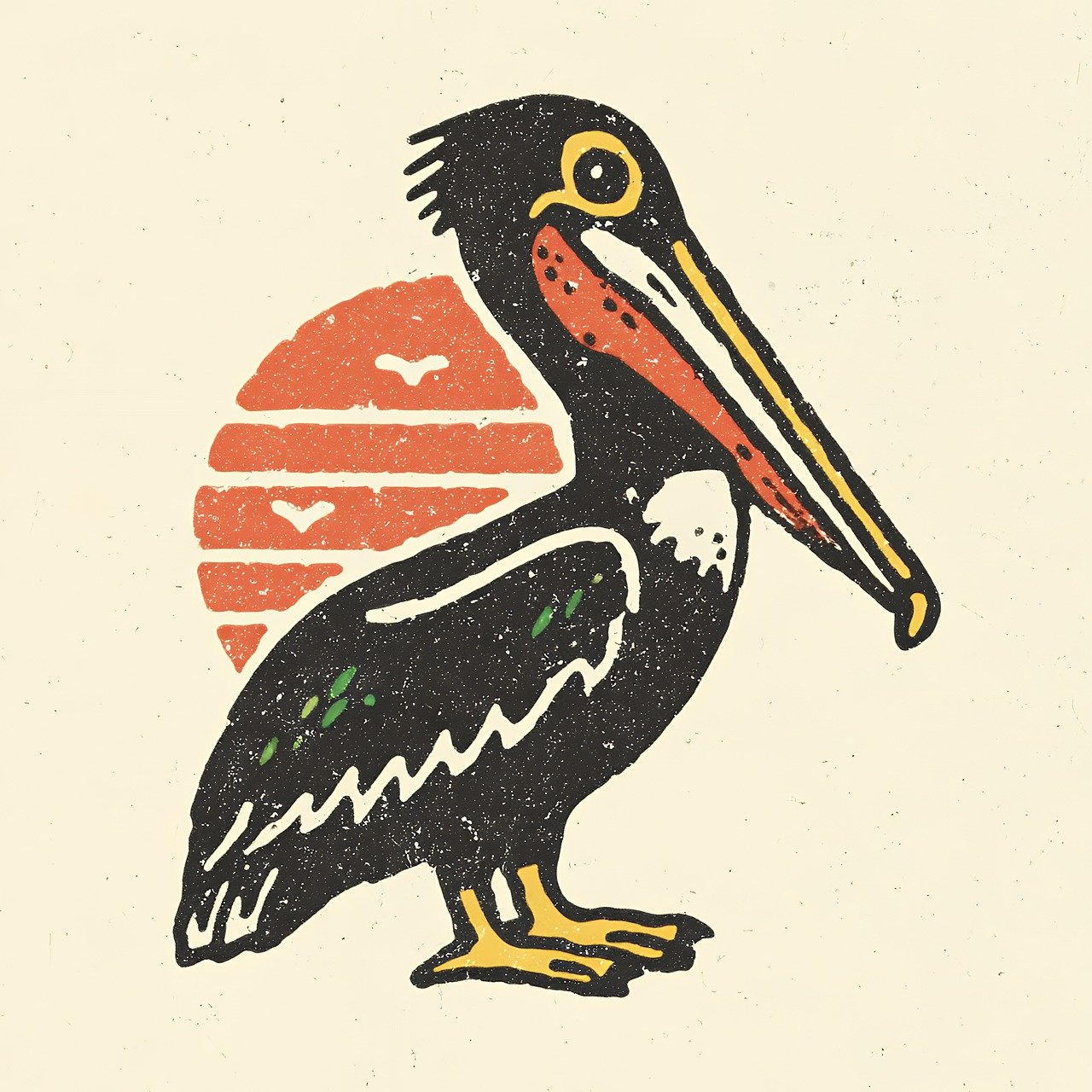 pelican, bird, vintage, retro, sunset, minimal, linocut, artwork, design, black, orange, printmaking, woodcut, graphic, coastal, seabird, wildlife, nature, silhouette, stamped, textured, handmade, traditional, decorative, ai generated