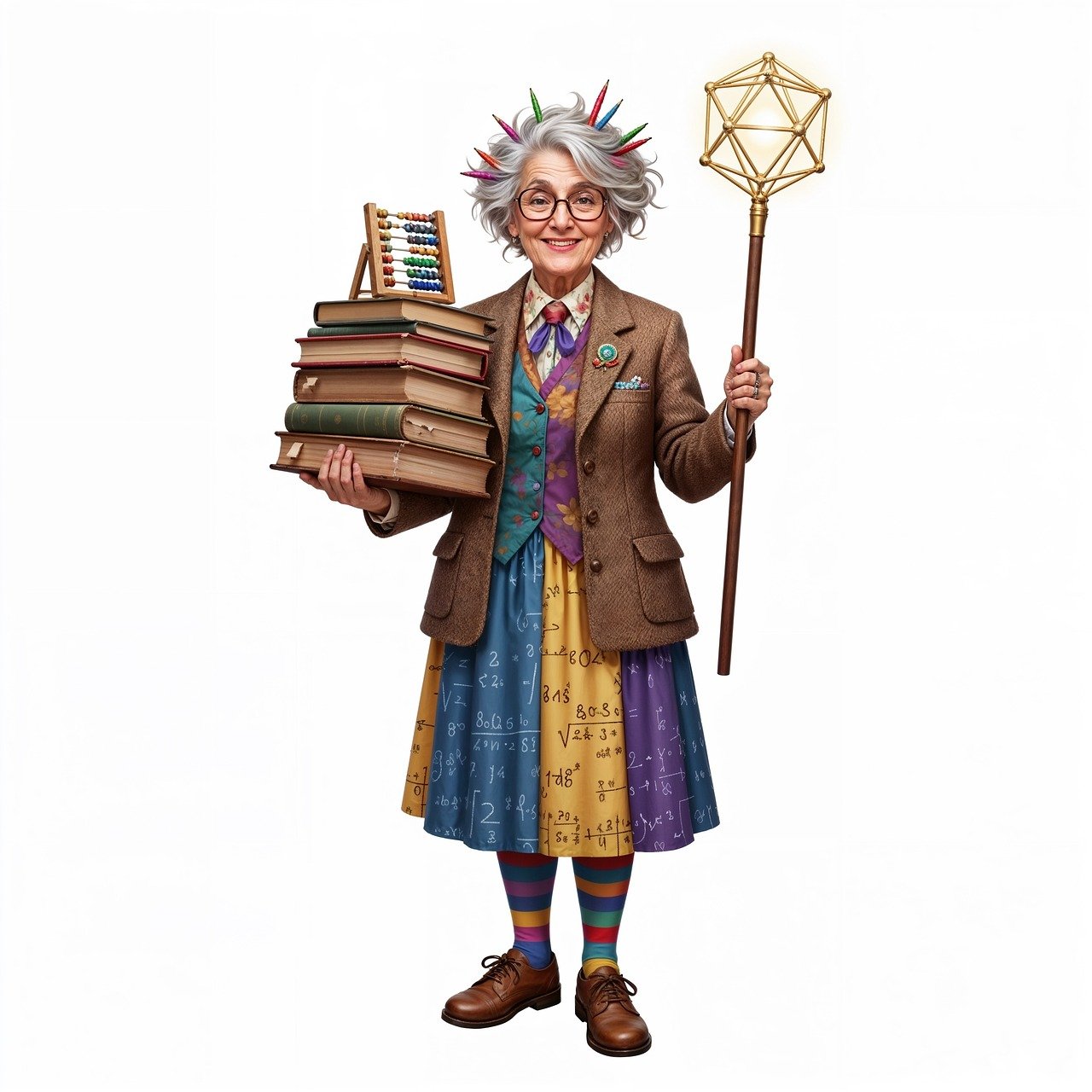 professor, eccentric, mathematics, elderly woman, colorful, tweed, books, abacus, staff, geometry, knowledge, teacher, cheerful, smart, vintage, spectacles, pencils, playful, wizard, academic, ai generated