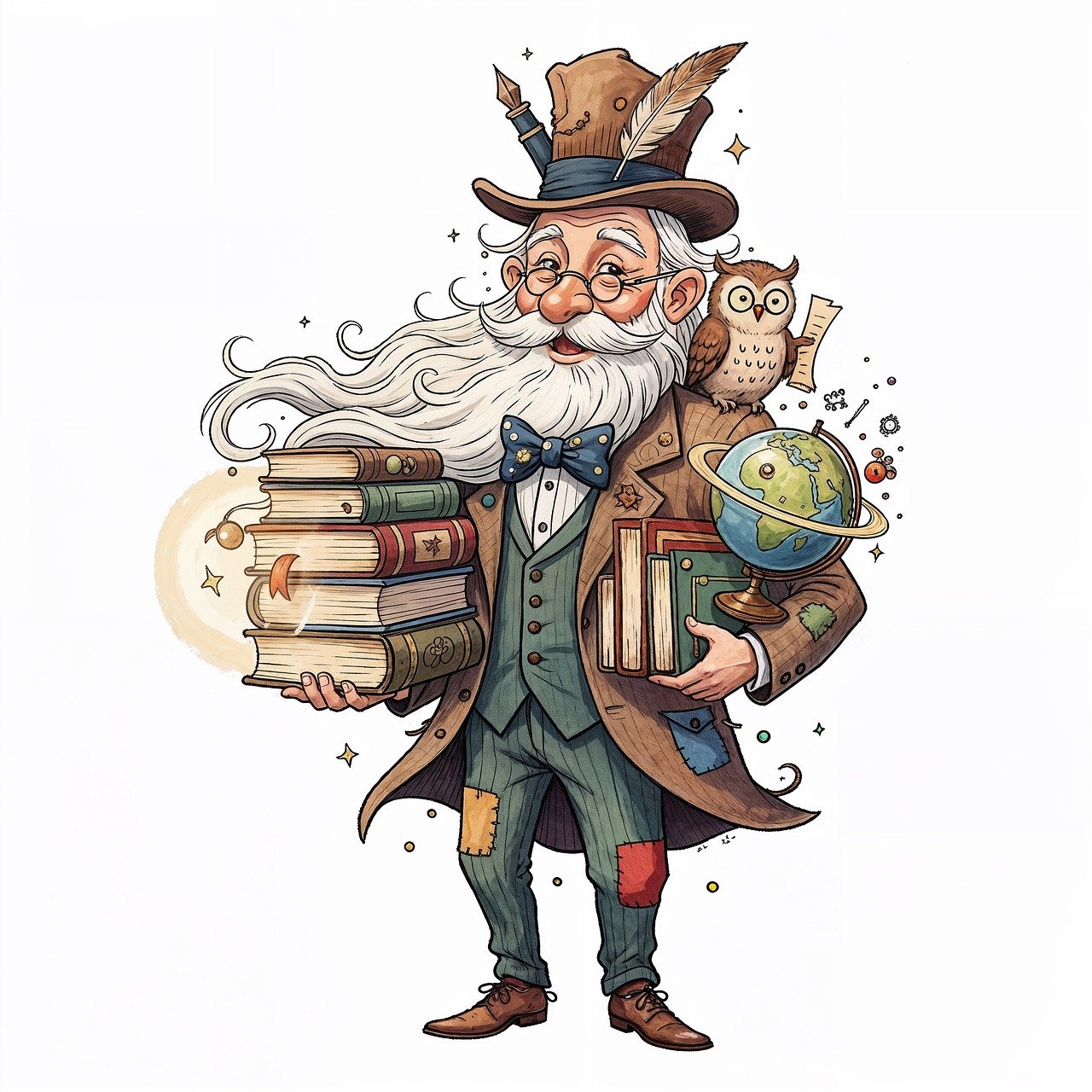 scholar, old man, books, wizard, eccentric, victorian, globe, owl, knowledge, wisdom, long beard, top hat, bow tie, spectacle, vintage, professor, fairytale, magical, literature, storyteller, ai generated