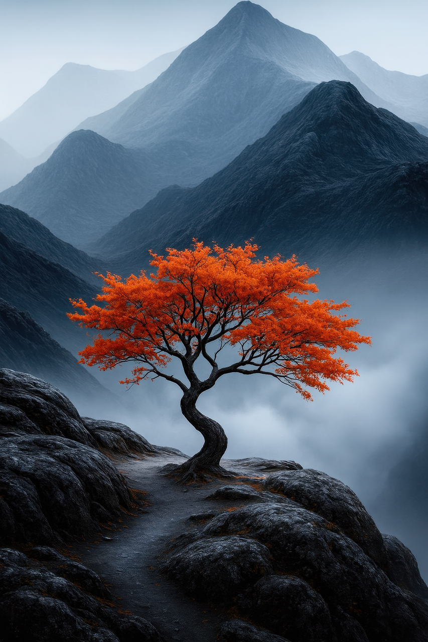 lonely tree, orange foliage, misty mountains, dramatic landscape, autumn mood, surreal nature, moody valley, foggy hills, fantasy scenery, mountain mist, glowing leaves, isolated tree, wilderness art, cinematic landscape, mysterious mountain, dreamy forest, magical tree, twilight scenery, moody nature, fantasy nature, ai generated