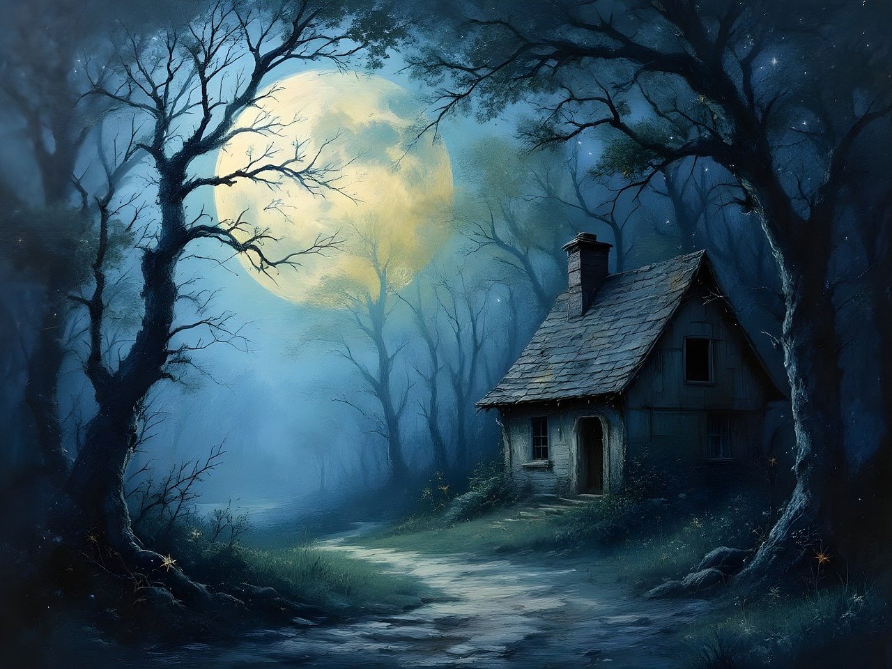 forest, house, bewitched, halloween, nature, haunted house, dark, eng, moon, moonlight, ai generated