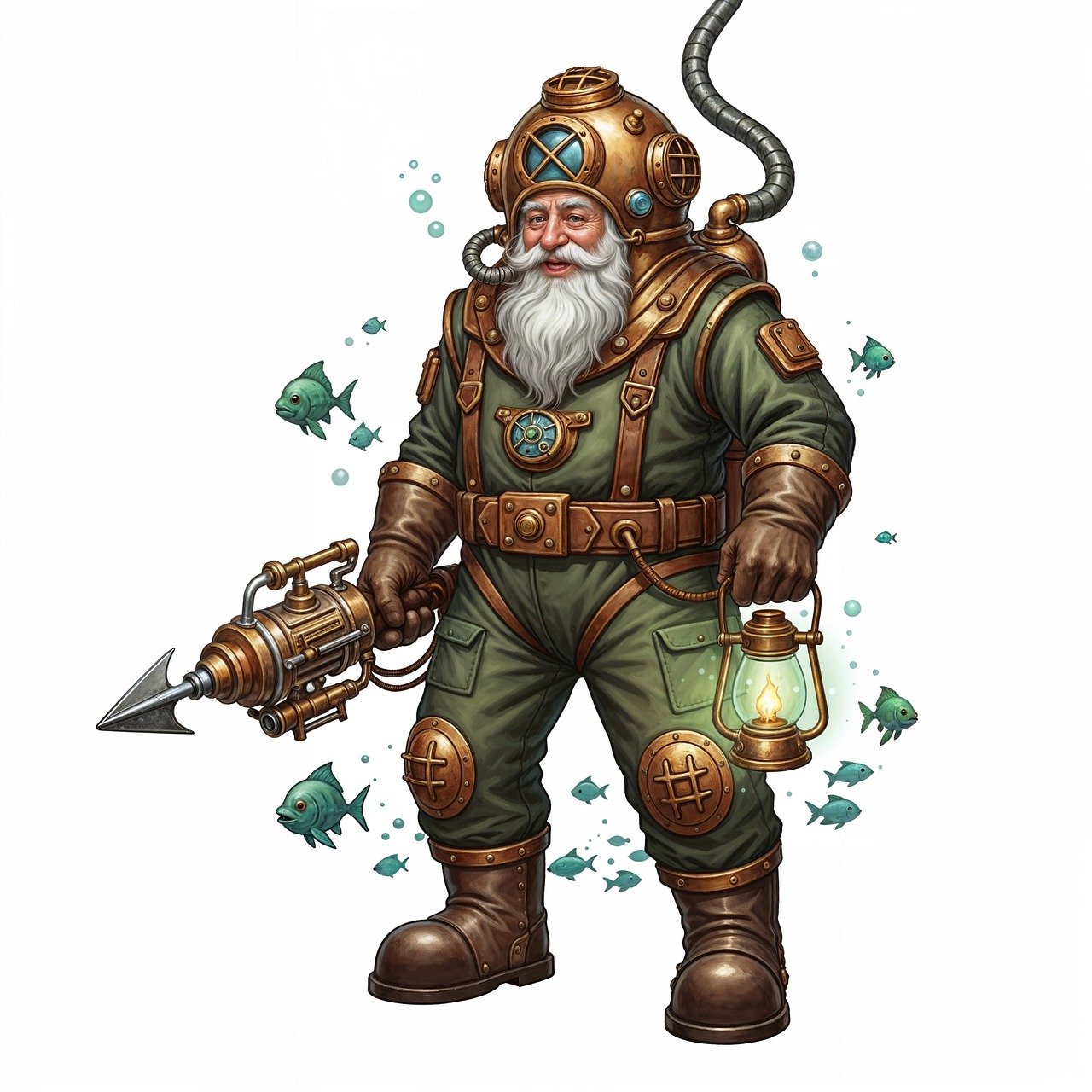 diver, steampunk, underwater, vintage, explorer, nautical, beard, lantern, harpoon, brass, helmet, submersible, adventurer, deep-sea, whimsical, old-fashioned, aquatic, scuba, suit, fantasy, ai generated