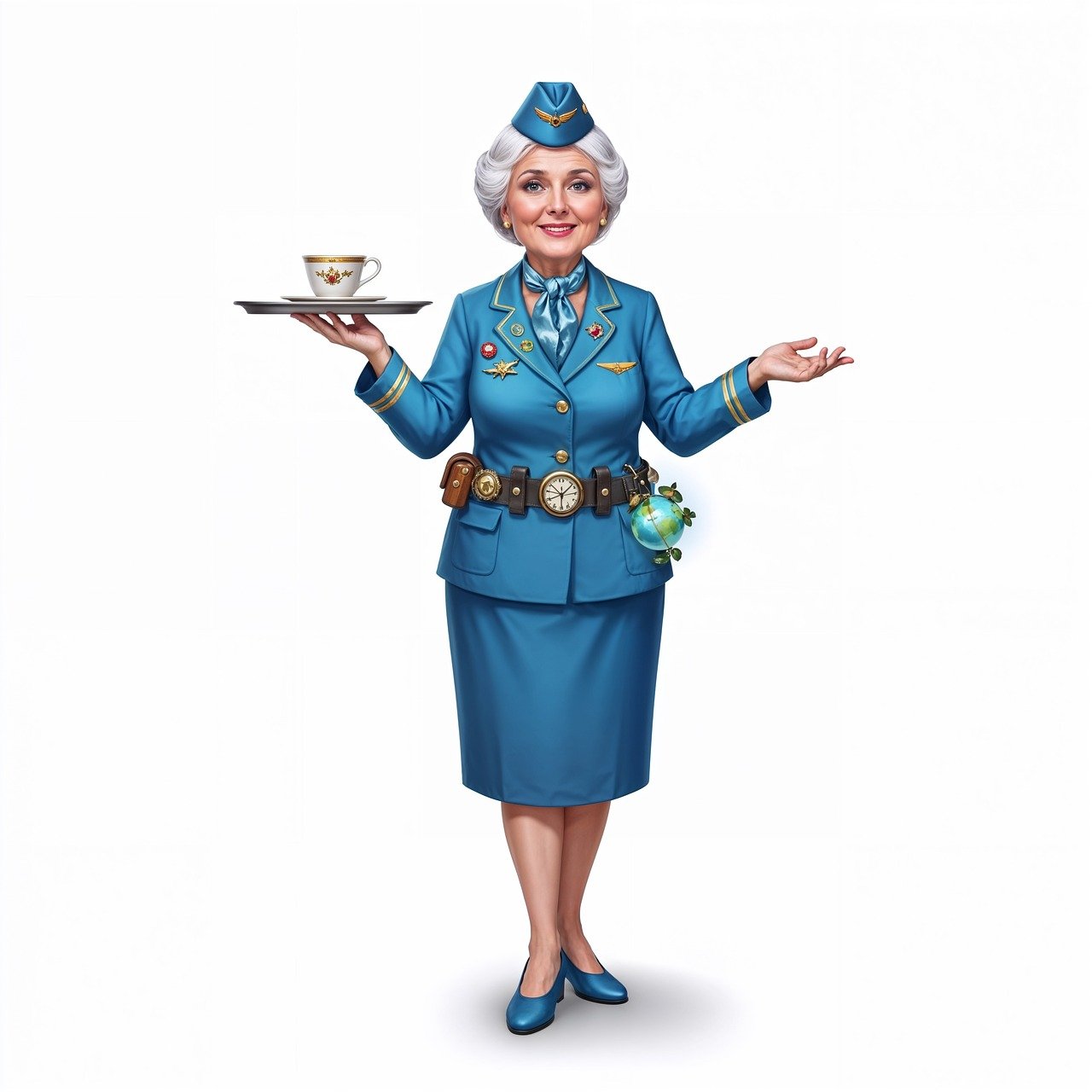 flight attendant, stewardess, vintage, airline, uniform, service, globe, compass, tray, teacup, aviation, travel, retro, professional, blue, cabin-crew, hospitality, elegant, pin-up, explorer, ai generated