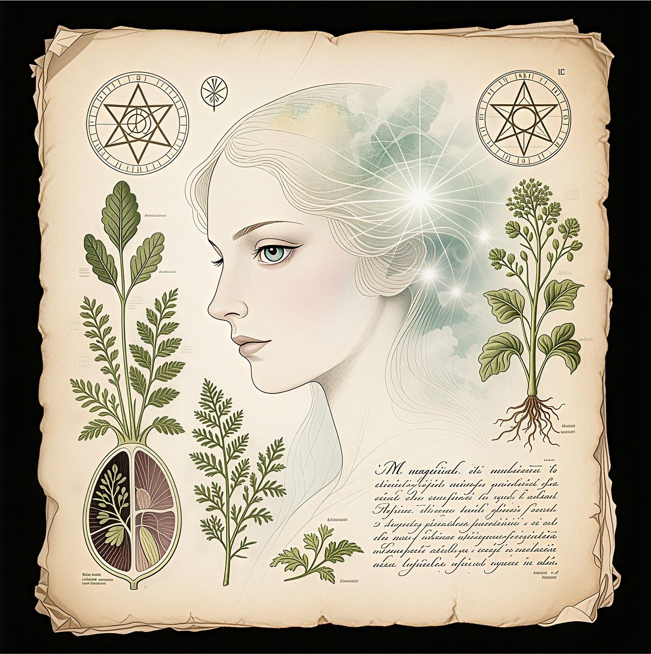 herbs, writing, old, nature, magic, symbols, background, scrapbooking, green, decoration, texture, ai generated