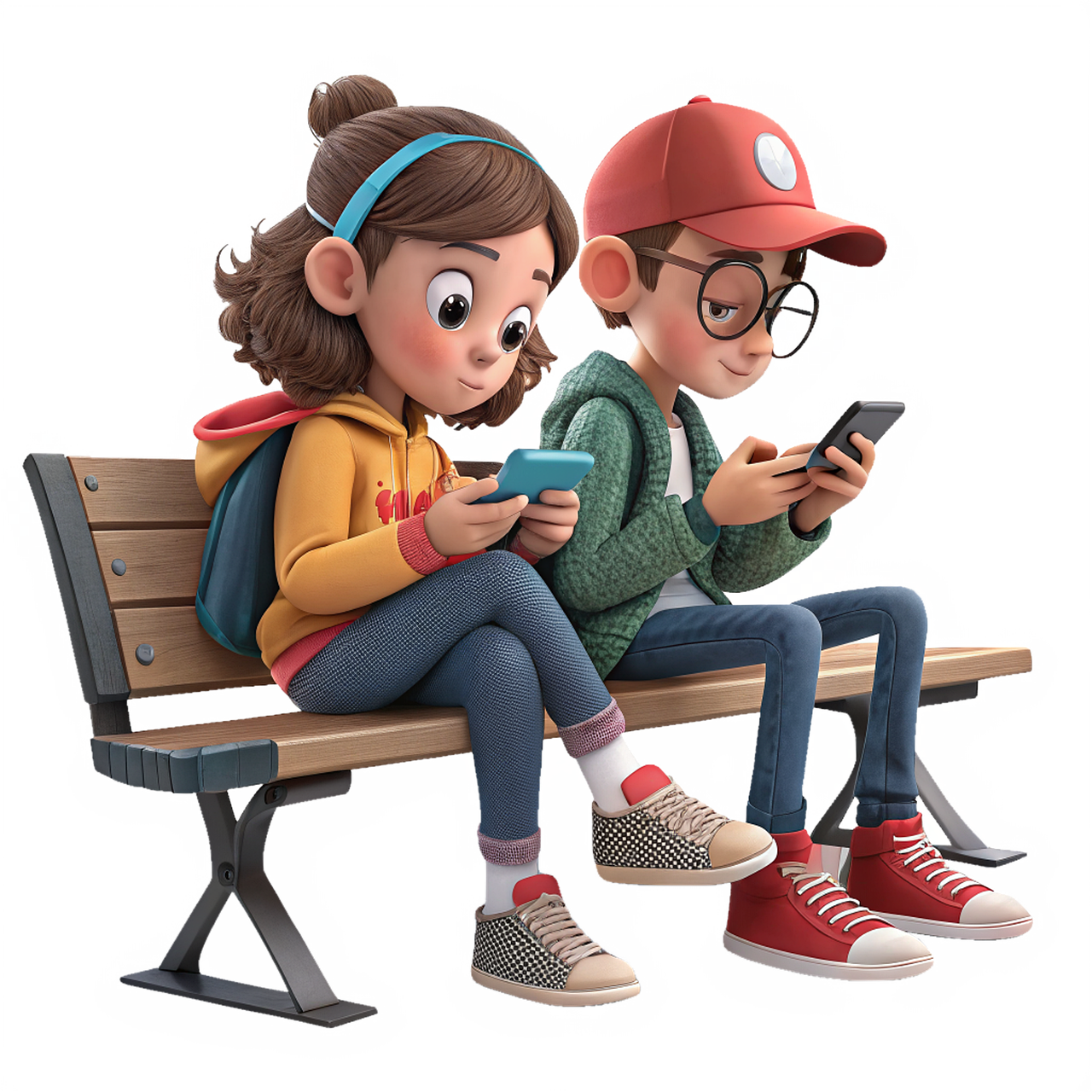 boy, girl, baby, childhood, kids, smartphone, phone, bench, the park, sit, secluded, ai generated