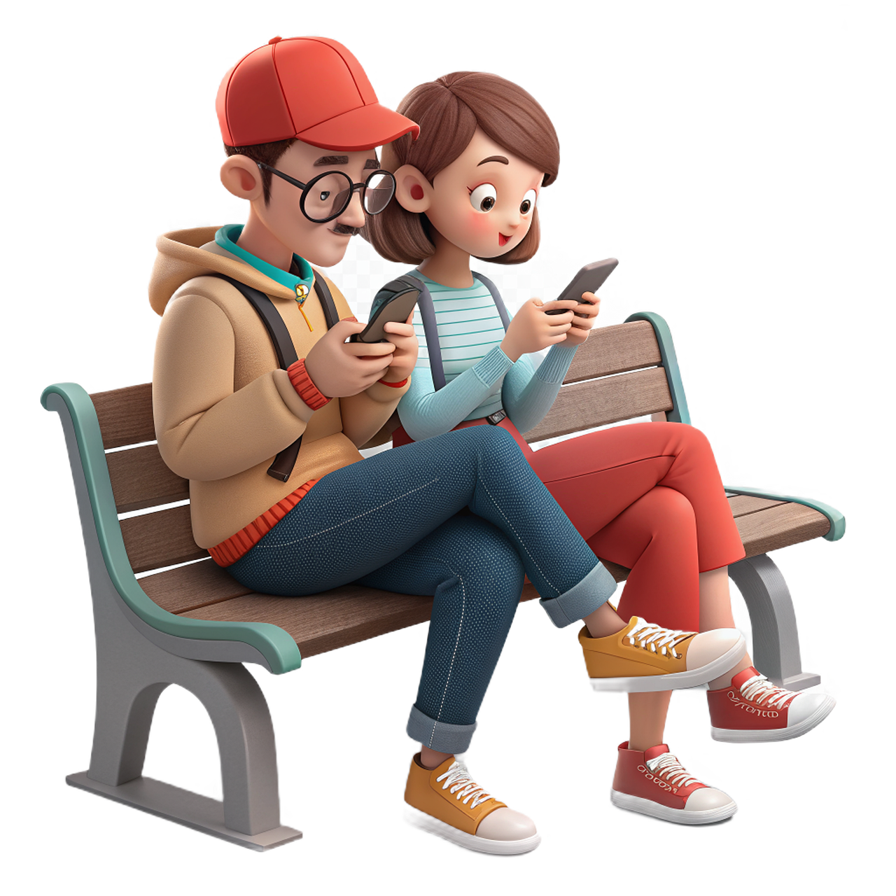 woman, man, people, bench, smartphone, phone, communication, mobile, ai generated