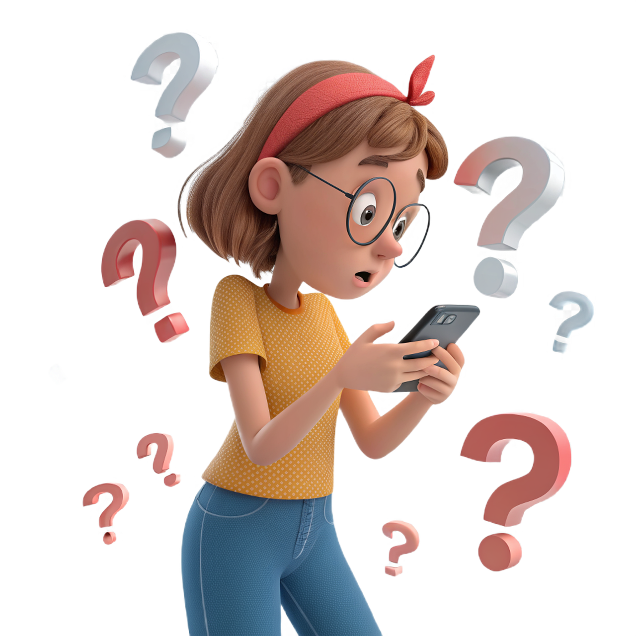 young woman, girl, teen, youth, phone, smartphone, screen, mobile, question, difficulty, confusion, search, mystery, ai generated
