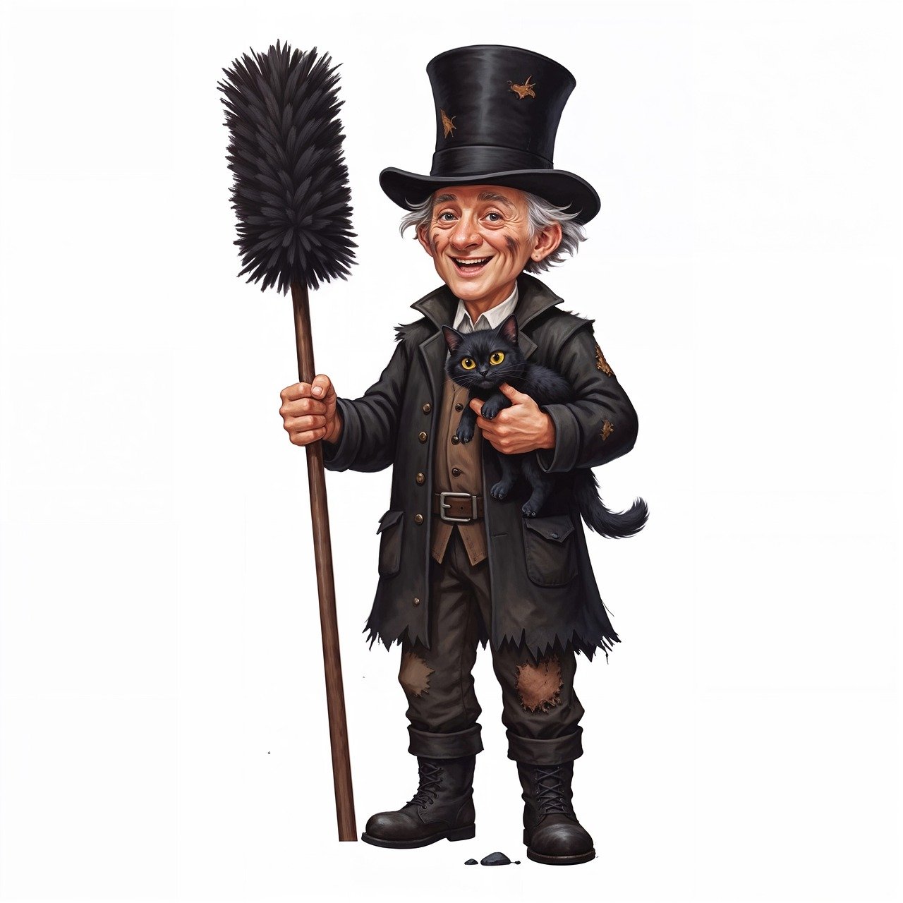 chimney sweep, lucky, character, smiling, top hat, broom, soot, caricature, elderly, mischievous, cat, black, whimsical, cheerful, folklore, traditional, red scarf, happy, plump, ai generated