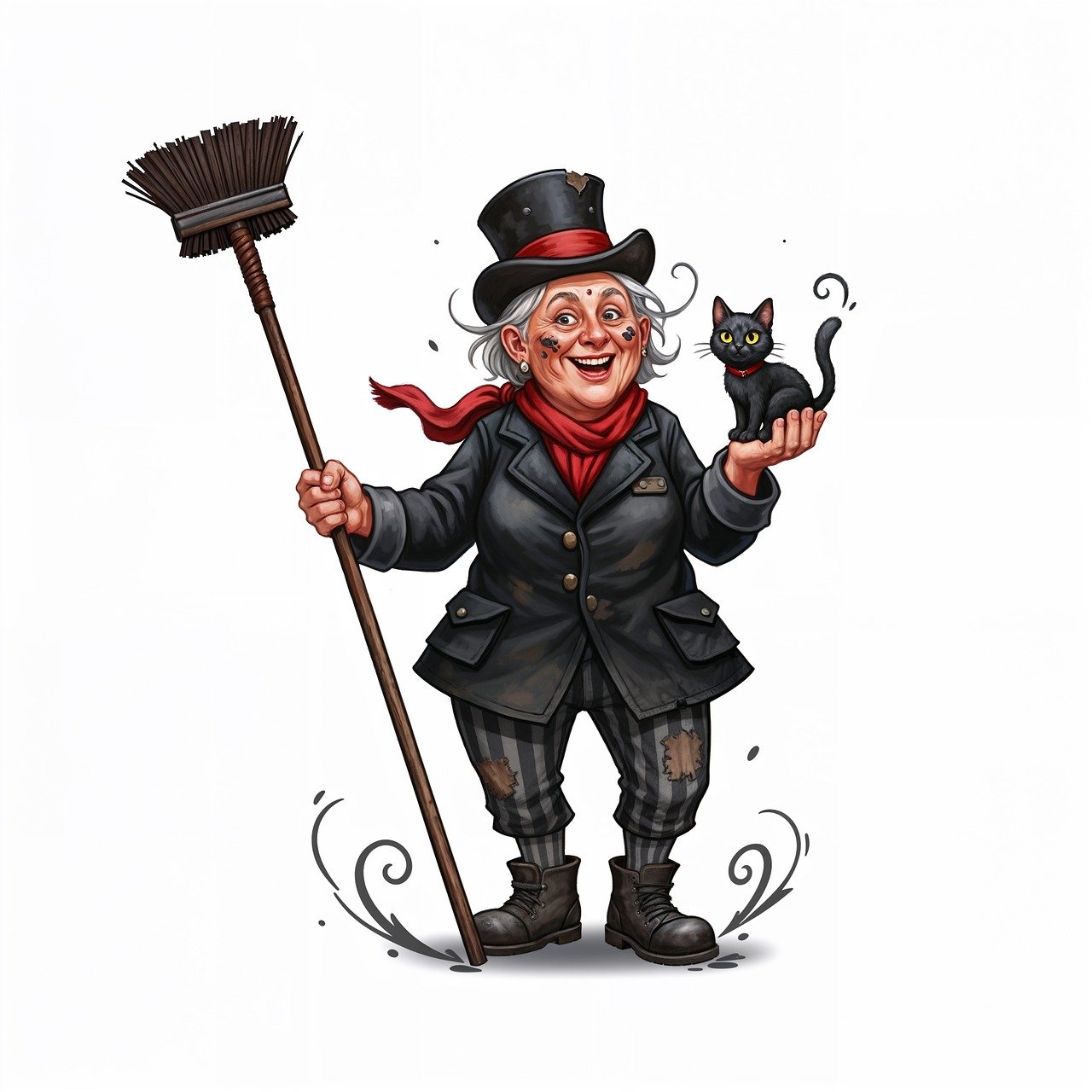 chimney sweep, lucky, character, smiling, top hat, broom, soot, caricature, elderly, mischievous, cat, black, whimsical, cheerful, folklore, traditional, red scarf, happy, plump, ai generated