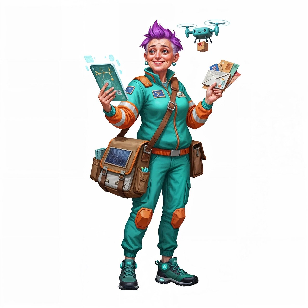 futuristic, postal worker, turquoise, courier, drone, delivery, tech-savvy, mail, energetic, smiling, punk, magenta hair, satchel, solar-powered, uniform, logistics, gadget, adventure, efficient, modern, ai generated