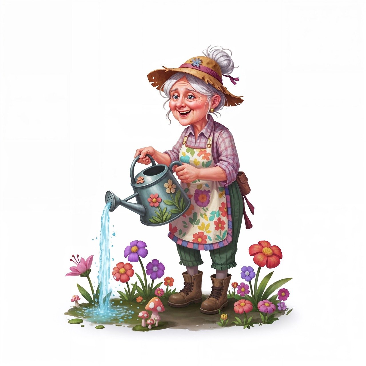 gardener, cheerful, watering can, flowers, elderly, straw hat, apron, happy, vibrant, whimsical, tending, blooming, character, nature, green thumb, cartoon, smiling, cottagecore, nurturing, ai generated