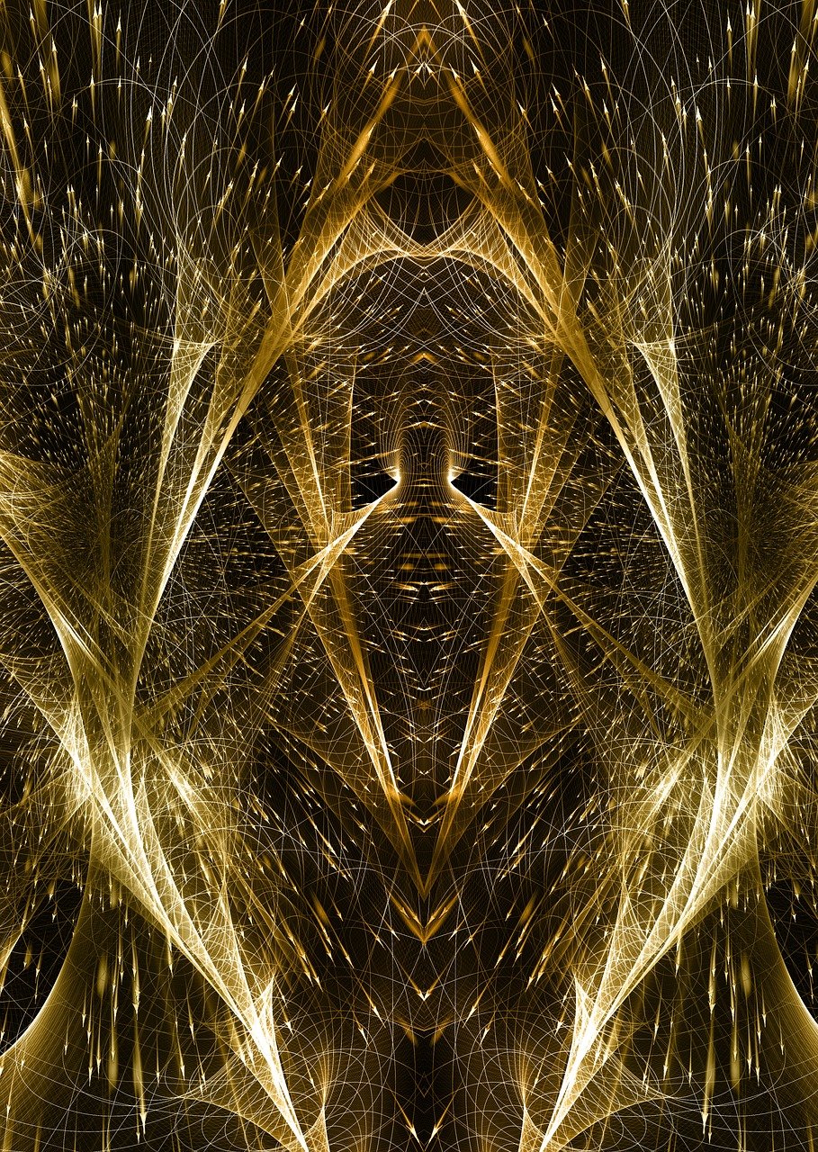 geometric, abstract, pattern, golden, symmetrical, digital art, fractal, structure, lines, sparkling, network, complexity, futuristic, light, energy, explosion, tunnel, illusion, intricate, dark