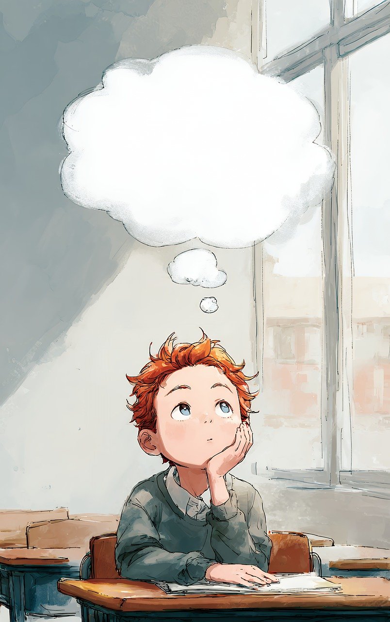 boy, student, thinking, thought, bubble, school, classroom, desk, dreaming, education, learning, studying, pupil, child, kid, knowledge, idea, imagination, creative, daydreaming, inspiration, cartoon, art, drawing, ai generated