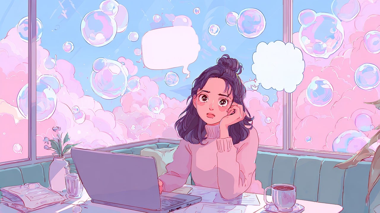 woman, laptop, thinking, bubbles, dream, sky, pink, blue, girl, desk, indoors, table, computer, work, person, cafe, restaurant, daydreaming, imagination, art, graphic, design, ai generated