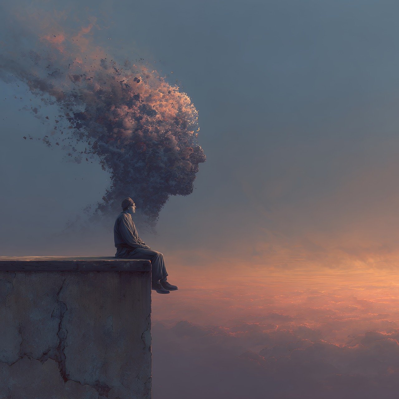 surreal, digital, silhouette, smoke, particles, sunset, rooftop, magical, mysterious, lonely, dusk, sky, clouds, nature, atmospheric, fantasy, contemplative, solitary, meditation, peace, evening, dark, moody, ethereal, abstract, ai generated