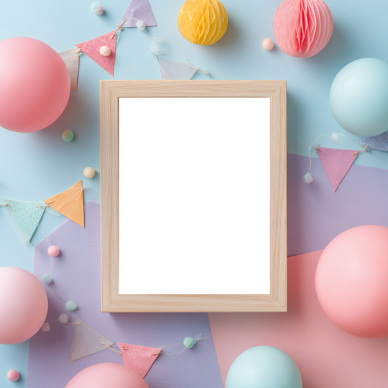 balloons, pastel, background, party, decoration, celebrate, colorful, blank, empty, mockup, wood, happy, celebration, event, festive, template, space, card, anniversary, happy birthday, holiday, object, frame, ai generated