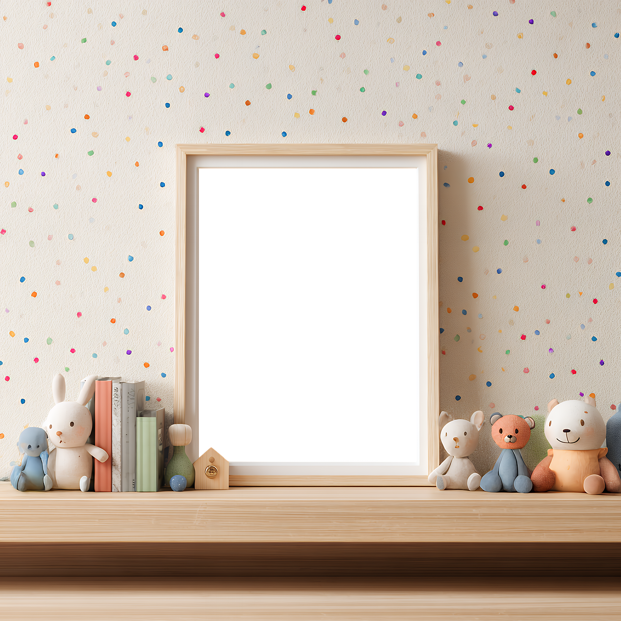 mockup, blank, wall, kids, room, interior, design, decoration, display, empty, home, background, space, art, gallery, picture, poster, shelf, books, bears, plush, toys, colorful, frame, ai generated