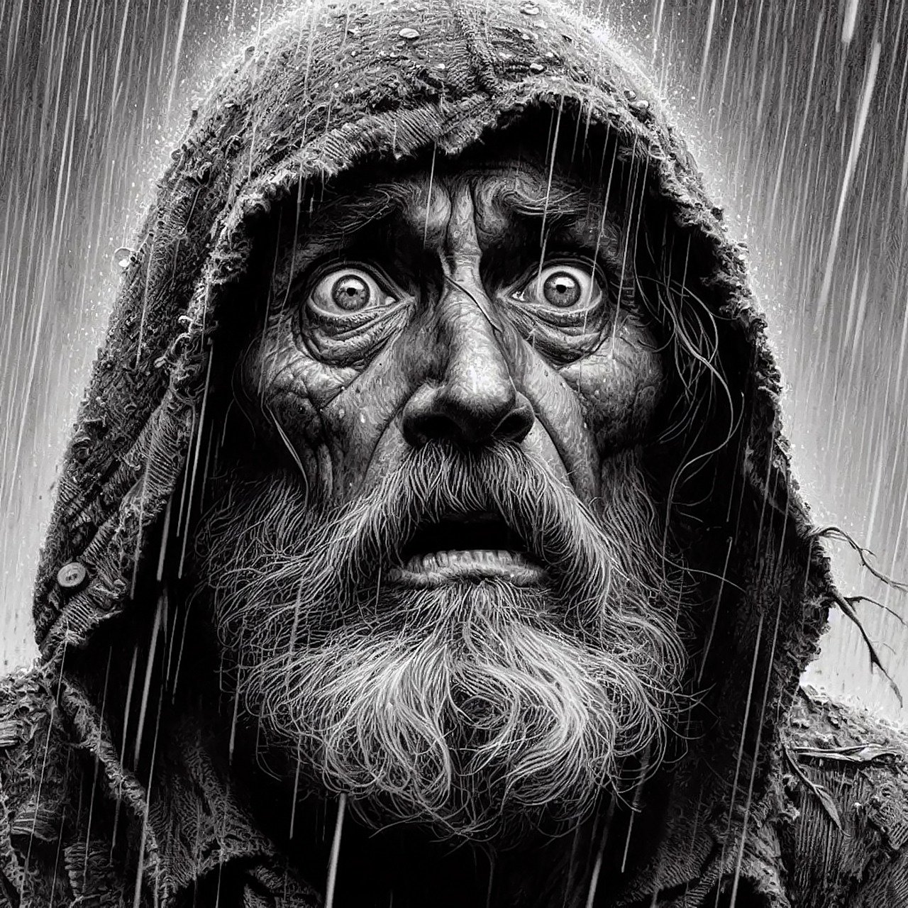 drawing, black and white, portrait, man, old, beggar, homeless, poor, poverty, terror, fear, rain, raindrop, ai generated