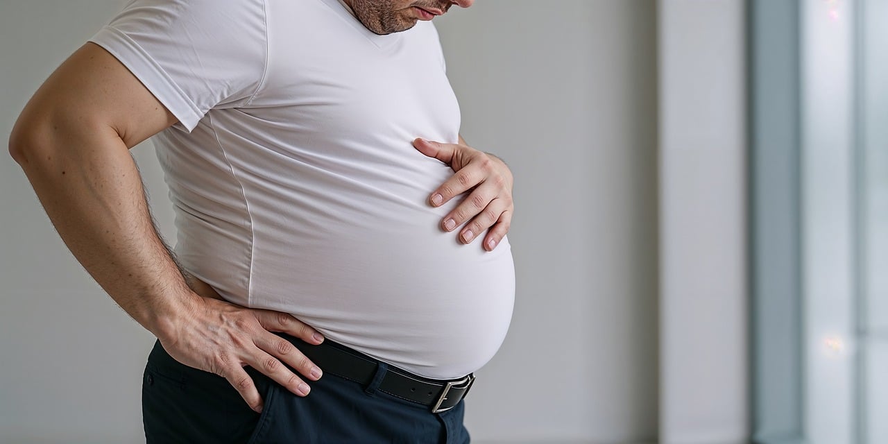 overweight, belly, stomach, obesity, bloated, abdomen, weight, excess, middle-aged, man, t-shirt, tight, uncomfortable, health, diet, lifestyle, concern, bloating, waistline, size, ai generated