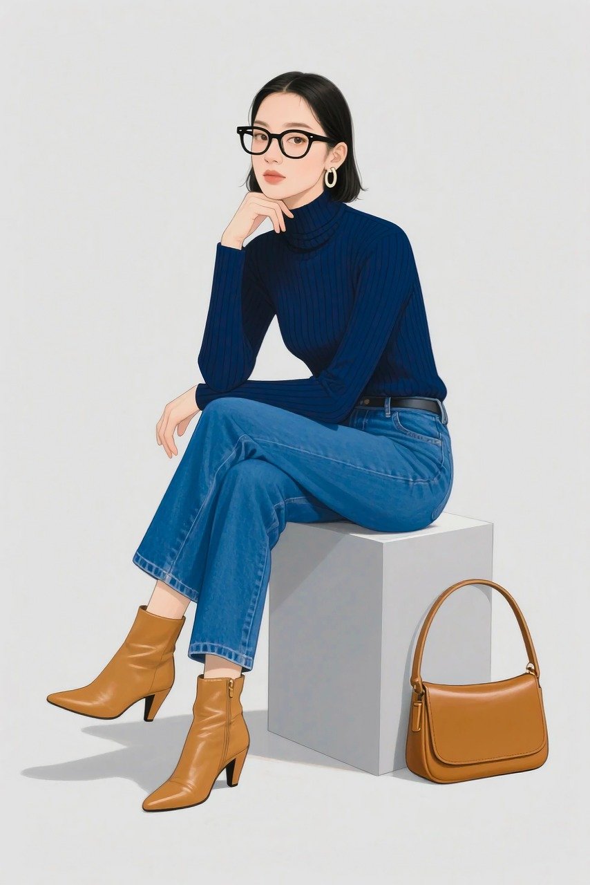 fashion illustration, autumn outfit, navy sweater, denim style, minimalist look, casual chic, urban fashion, trendy woman, fall fashion, street style, elegant outfit, city girl, stylish boots, brown handbag, fashion design, cozy vibes, timeless fashion, sitting pose, modern elegance, smart casual, outfit inspiration, fashion portrait, contemporary style, chic aesthetic, ai generated