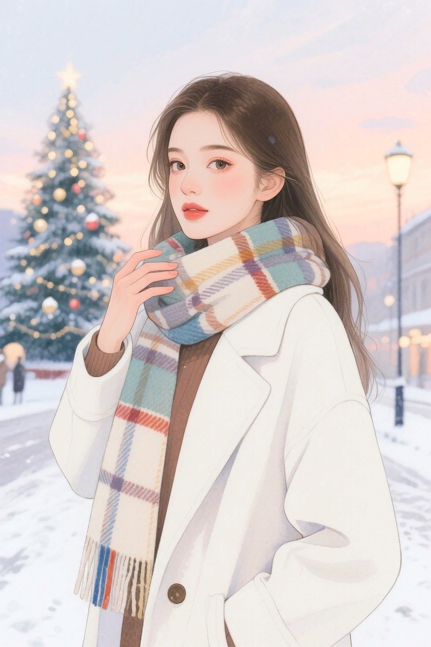 winter fashion, holiday season, christmas vibes, cozy illustration, city winter, scarf style, elegant outfit, seasonal portrait, winter outfit, fashion illustration, snowy scene, festive mood, minimalist winter, stylish woman, winter inspiration, holiday illustration, chic outerwear, seasonal fashion, cold weather style, fashion art, urban winter, classy look, cozy vibes, winter elegance, ai generated