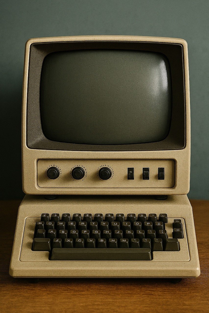 vintage computer, retro, 1960s, crt monitor, old technology, electronics, keyboard, control panel, realistic, history, ai generated
