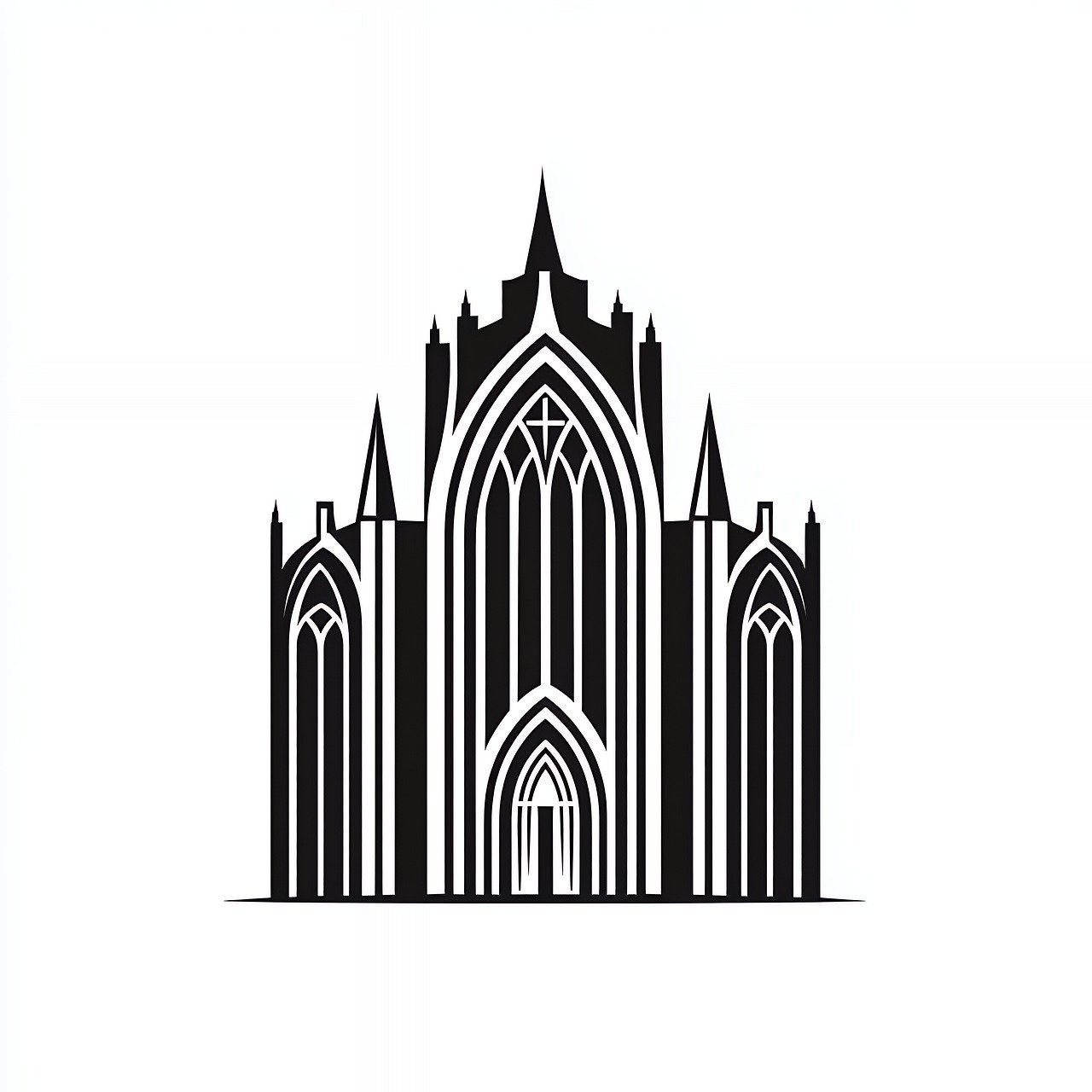 cathedral, church, gothic, religious, architecture, silhouette, black, spire, christianity, building, temple, medieval, spiritual, worship, european, historic, landmark, chapel, faith, christian, traditional, catholic, holy, sacred, ai generated